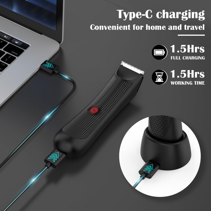 Pubic & Body Hair Trimmer for Men, Body Groomer, Electric Groin Hair Trimmer with Ceramic Blade Head, Wet/Dry Shaver with LED Light and Charging Base（Black）