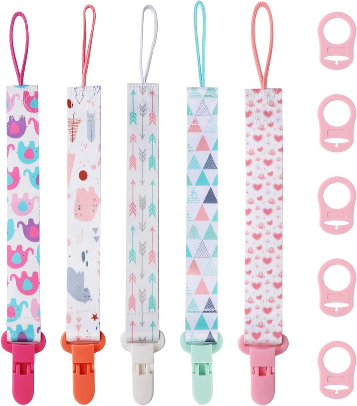 5 Pcs Dummy Clips with 5 Pcs Silicone Adapter, PP Material Baby Pacifier Clip for Boys, Soother Chain Holder Straps Teething Clips for Baby Teething Toys Baby Shower (Blue)