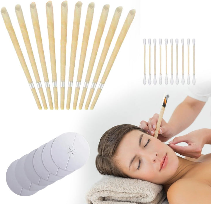Ear Cleaner, Natural Organic Beeswax Ear Candles Kit – 10 Ear Candles with 5 Protective Discs & 10 Swabs for Safe Ear Wax Removal, Blocked Ears, and Relaxation