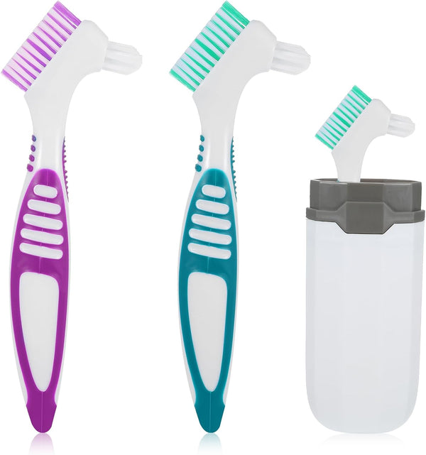 2Pcs Effective Denture Toothbrush, Denture Brush Multi-Layered Soft Bristles Denture Cleaner with Carrying Case for Dentures False Teeth Clean Care