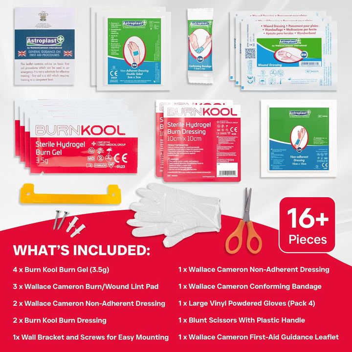 First Aid Burns Dispenser in Compact Red Piccolo Box - Refillable First Aid Kit with Burn Gel, Gloves and Burn Dressings - Essential Medical Equipment for Home, Workplace, or Car