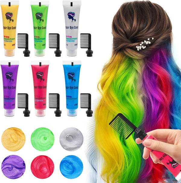 Hair Dye for Dark Hair, Temporary Hair Colour Comb for Girl & Women. Great Gift on Birthday Halloween Christmas Cosplay Party, Easy Washable and Safety Hair Chalk Comb(6 Bright Colour)