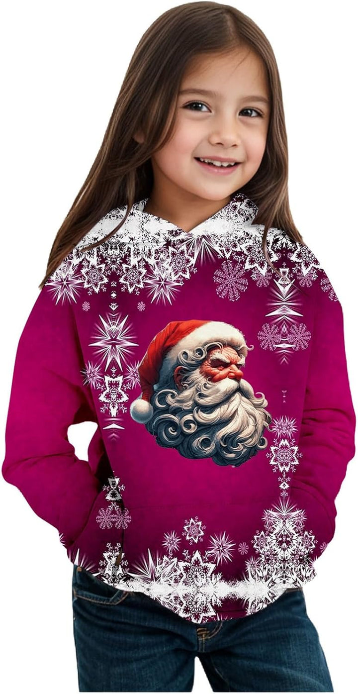 2025 Christmas Print Girls Hooded Sweatshirt Long Sleeve Pullover Top for Winter Holiday Festive Outfit Cozy Fleece Lined Soft Casual Wear