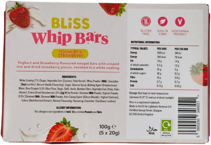 Gluten Free Bliss Whip Bars Strawberry & Yoghurt | under 80 Calories | High Fibre | Vegetarian Cereal Bars | 3 X 5 Packs with  14-Day Healthy Eating Challenge