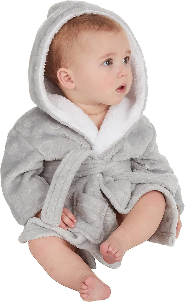 Baby Girls Boys Embossed Moon Stars Sherpa Lined Hood Dressing Gown Size 6-24 Months