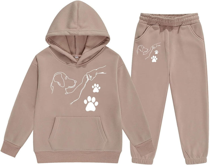 Girls Casual Hooded Tracksuit with Cute Cartoon Fist Bump Print and Drawstring Pockets for Autumn Winter Season