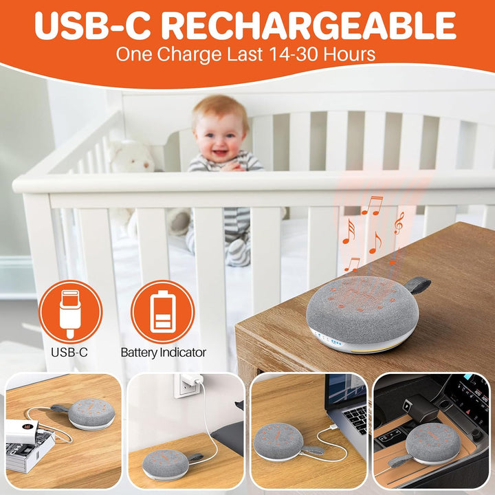 Portable White Noise Machine Baby, Rechargeable Sound Machine with 40 Soothing Sounds, Battery Indicator, Timer & Night Light, Sound Therapy White Noise Machine for Adults Baby Kids