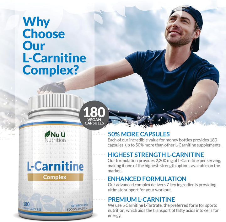 L-Carnitine Tartrate Complex 2200Mg - 180 Vegan Capsules - with Chromium, Riboflavin, Biotin, Vitamin D, B3 & B6 - High Strength L Carnitine Supplement - Made in the UK -