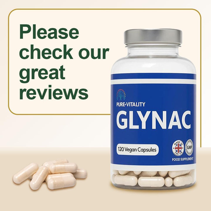 Pure:Vitality Glynac - 120 Capsules, 1200Mg Glynac (600Mg Glycine & 600Mg N-Acetylcysteine) per Serving, High Strength Glutathione Supplement, Vegan Glynac for Healthy Ageing