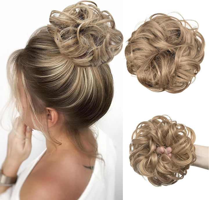 Messy Bun Hair Piece, Wavy Curly Messy Bun Scrunchie, Thick Tousled Hair Pieces for Women Girl(Black）