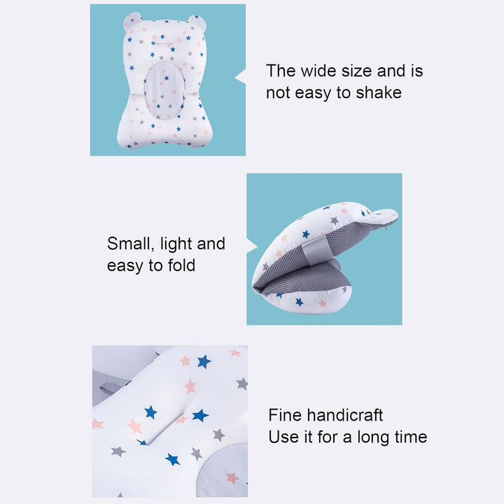 Floating Baby Bath Seat Cushion, Newborn Tub Supporter with Safety Belts Adjustable Foldable, Baby Bath Seat Cushion, 3 Snap Safety Belts for Infant Newborn (White Stars)