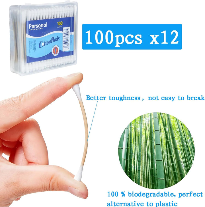 1200 PCS (100 PCS X 12) Cotton Swabs for Makeup, Ears Cleaning, Personal Care, Double-Ended Soft & Gentle Cotton Buds