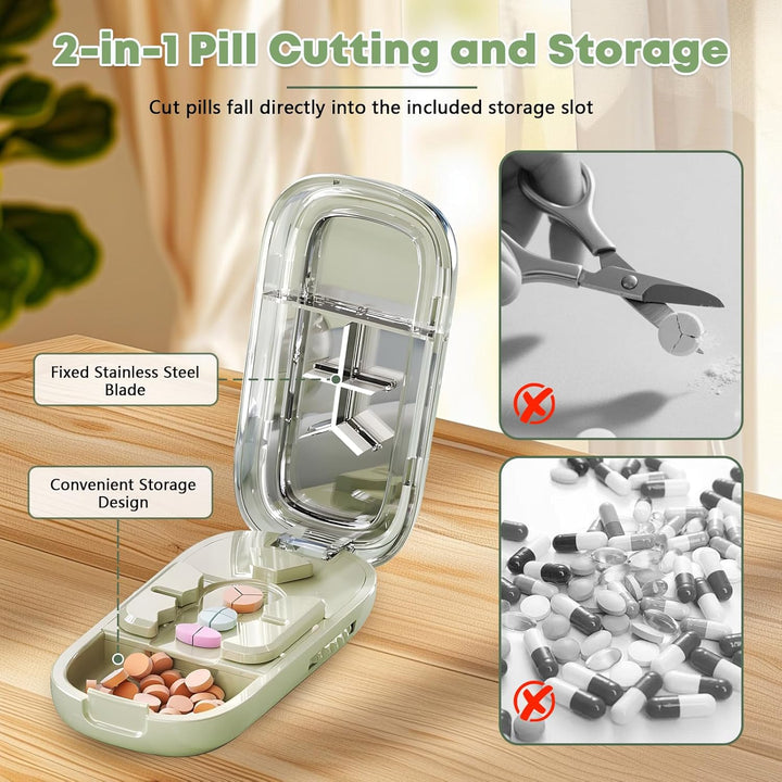 Pill Cutter, New Adjustable Pill Cutters Splitter for Small & Tiny & Large Pills, Portable 1/2 1/3 1/4 Tablet Cutter for Pills, Cutting & Storage 2-In- 1 Tablet Dispenser for Travel (Green)