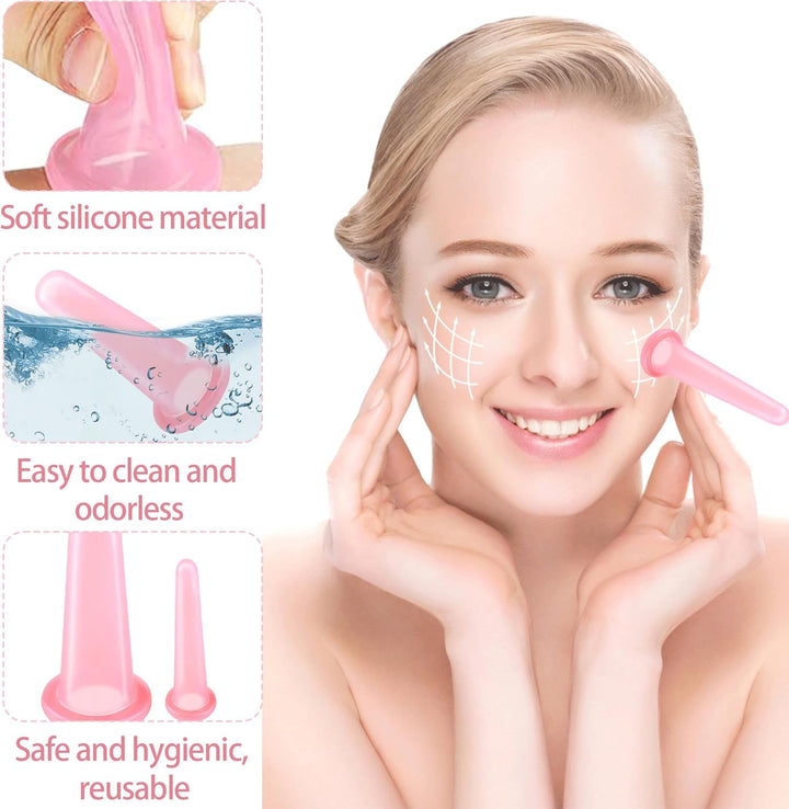 4PCS Face Cupping Set Silicone Facial Cupping Set Face anti Cellulite Massager Health Care Cupping Pink Vacuum Massage Cup Kit Facial Cups for Facefor Body Facial Neck Eye Care