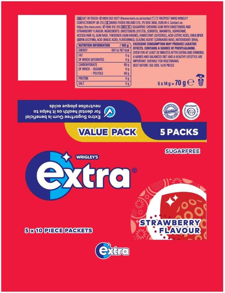 Wrigley'S Extra Chewing Gum, Strawberry Flavour, 5 Packs of 10 Pieces, Sugar Free Chewing Gum Multipack with Xylitol (50 Pieces)