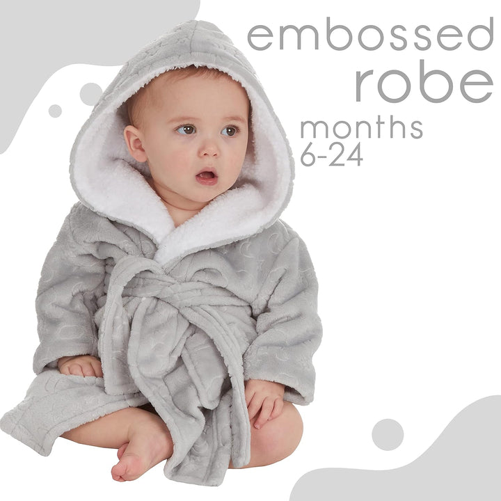 Baby Girls Boys Embossed Moon Stars Sherpa Lined Hood Dressing Gown Size 6-24 Months