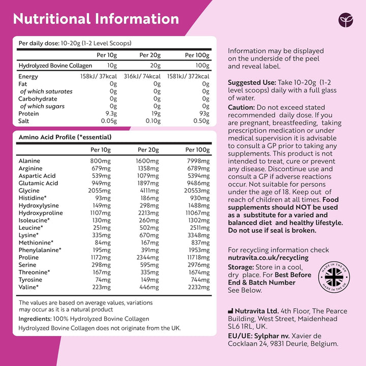 Collagen Powder 500G - Premium Gold Standard Bovine- 50 Servings - Collagen Peptides Supplement with 8 Essential Amino Acids - Made in the UK