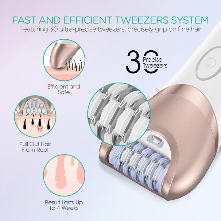 Epilator for Women Cordless & Rechargeable, Epilator Hair Removal with 30 Tweezers,3 in 1 Epilators with Electric Lady Shaver and Foot File,Hair Removal Device for Arm Leg BM300 (Champagne Gold)