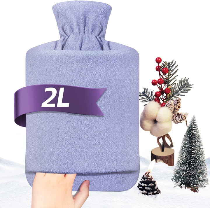 Hot Water Bottle with Fleece Cover - 2L Large Leakproof Hot Water Bag - Soft Hot Water Bottle with Hand Pocket and Natural Rubber -For Hands, Feet, Shoulders, Neck, Abdomen, Legs (Red)