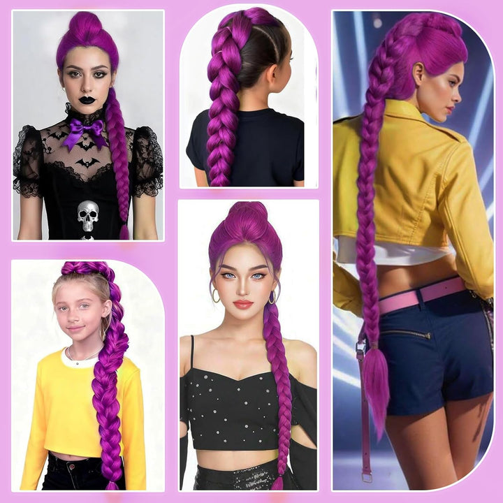 Long Purple Hair Extensions Synthetic Fiber Braid Cosplay Purple Braiding Hair 24 INCH Easy Claw Clip Ponytail Extension for Cosplay Halloween Costume (Purple, 24 Inch)