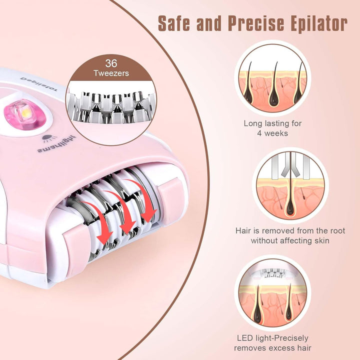 Epilator for Women,2 Speed Electric Epilator, Cordless Rechargeable Hair Removal Device with Led Light for Face Body Armpit Bikini Leg Facial Hair Removal (Pink)
