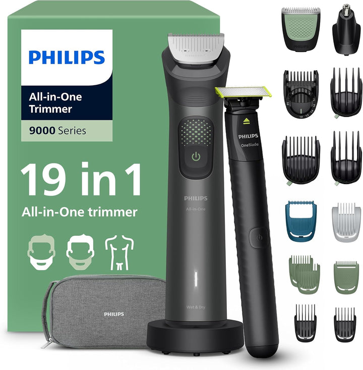 Multigroom 9000 Series All-In-One 19-Piece Trimmer, Shaver & Clipper + Oneblade Trimmer for Men - All-Over Grooming Set for Face, Head & Body, 27 Length Settings (0.2-20 Mm), MG9556/15