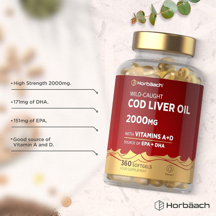 Cod Liver Oil Capsules High Strength | 2000Mg | 360 Count | with Omega 3, Vitamin D and a | with 171Mg of DHA and 151Mg of EPA | Rich in Omega 3 Fatty Acids | by