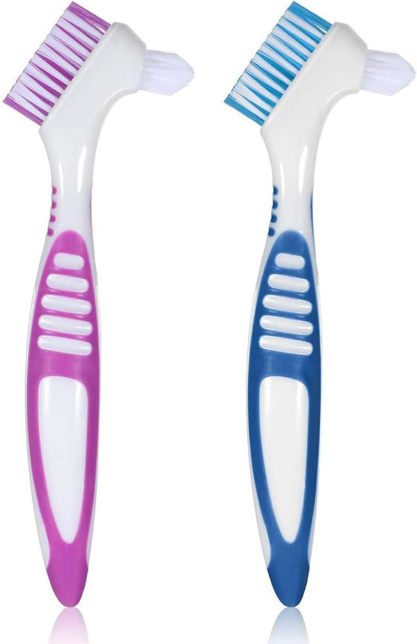 2 Pcs Denture Brush Set, Portable Retainer Cleaning Toothbrush with Double Bristle Head, Ideal for Cleaning False Teeth, Mouth Guards, and Retainers, Easy Oral Appliance Care for Daily Use