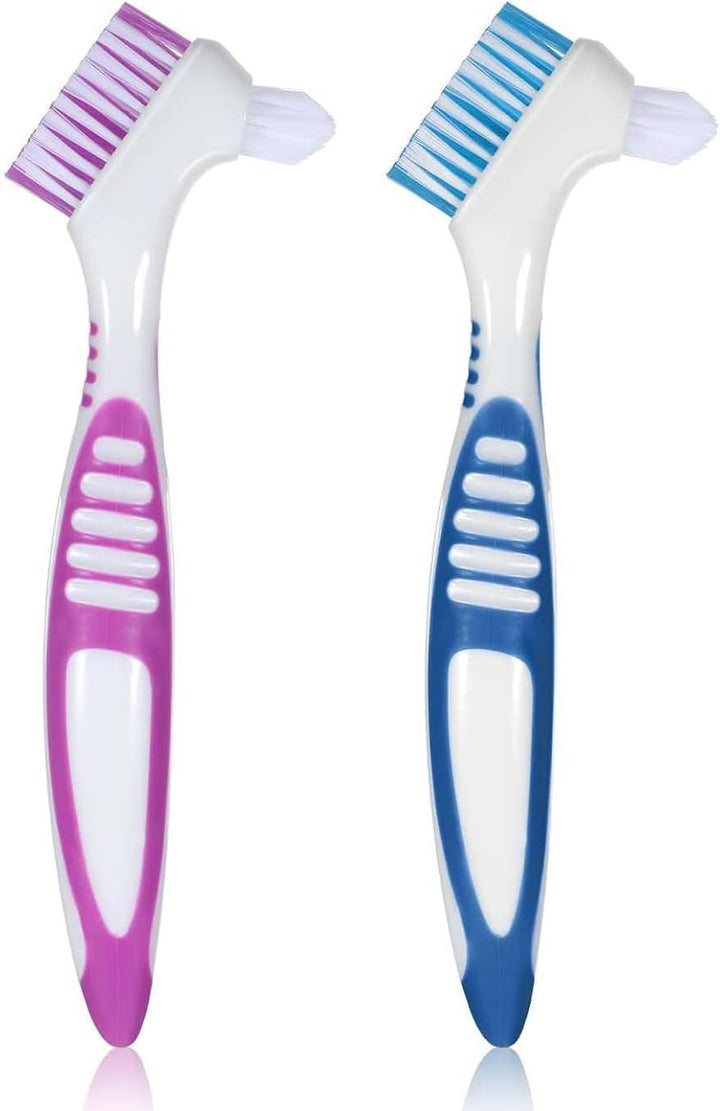 2 Pcs Denture Brush Set, Portable Retainer Cleaning Toothbrush with Double Bristle Head, Ideal for Cleaning False Teeth, Mouth Guards, and Retainers, Easy Oral Appliance Care for Daily Use