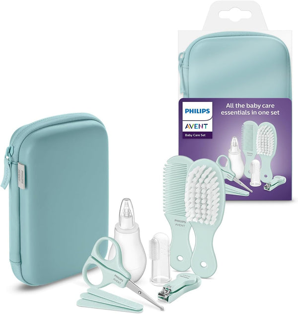Avent Baby Care Set - Essential Baby Care Set with 9 Accessories, Nail Clipper, Scissors, 3 Emery Boards, Bomb, Hairbrush, Nasal Aspirator and Finger Toothbrush (Model SCH401/00)
