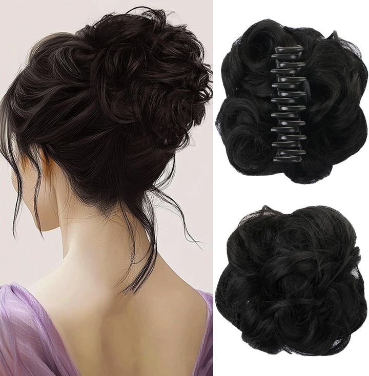 Curly Synthetic Hair Claw Clip Messy Bun Extensions Women'S Ponytail Hair Accessories (Black)