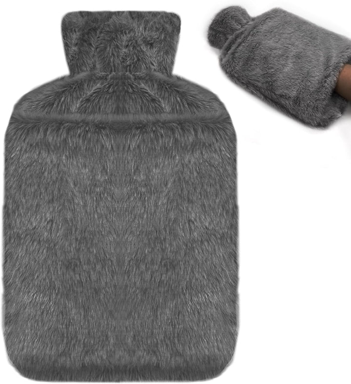 Hot Water Bottle with Luxury Cosy Faux Fur Cover UK, 2L Leakproof Hot Water Bag for Neck, Shoulder Pain and Hand Feet Warmer (Grey)