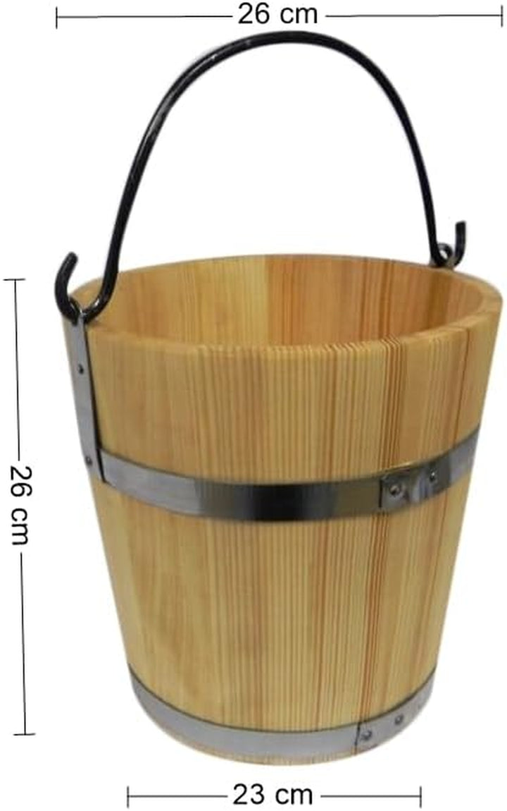 Big Wooden Bucket with Metal Ring and Handle 10L - Old Style Very Solid - Sauna Bucket