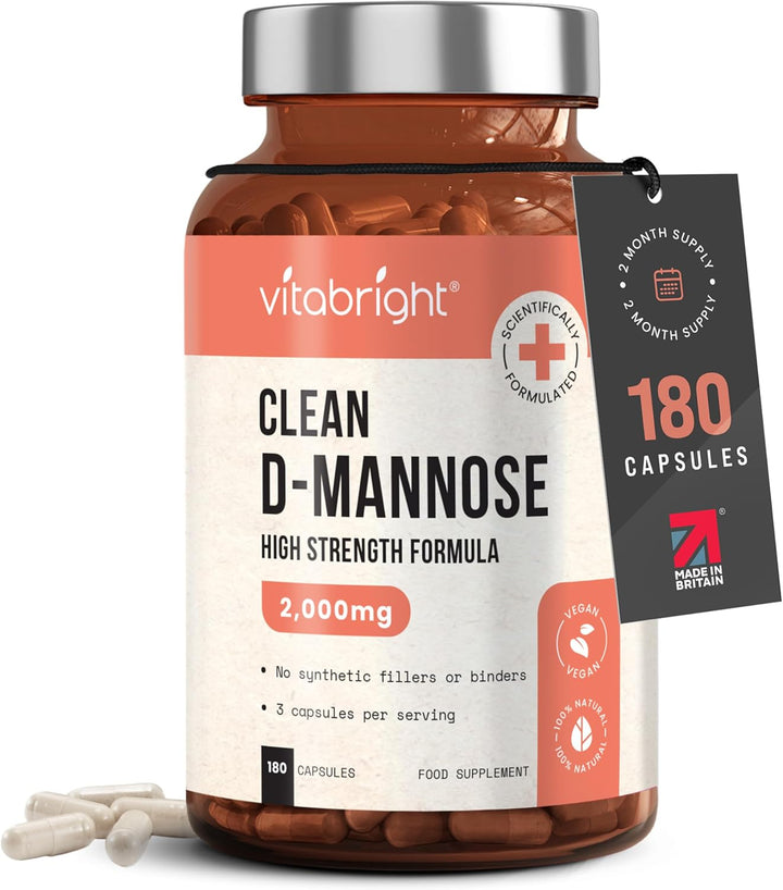 D-Mannose Capsules | 2000Mg per Day | 180 Capsules | 2 Month Supply | High-Strength Alternative to Cranberry Tablets | Mix D Mannose Powder into Drinks | Pure Clean Formula