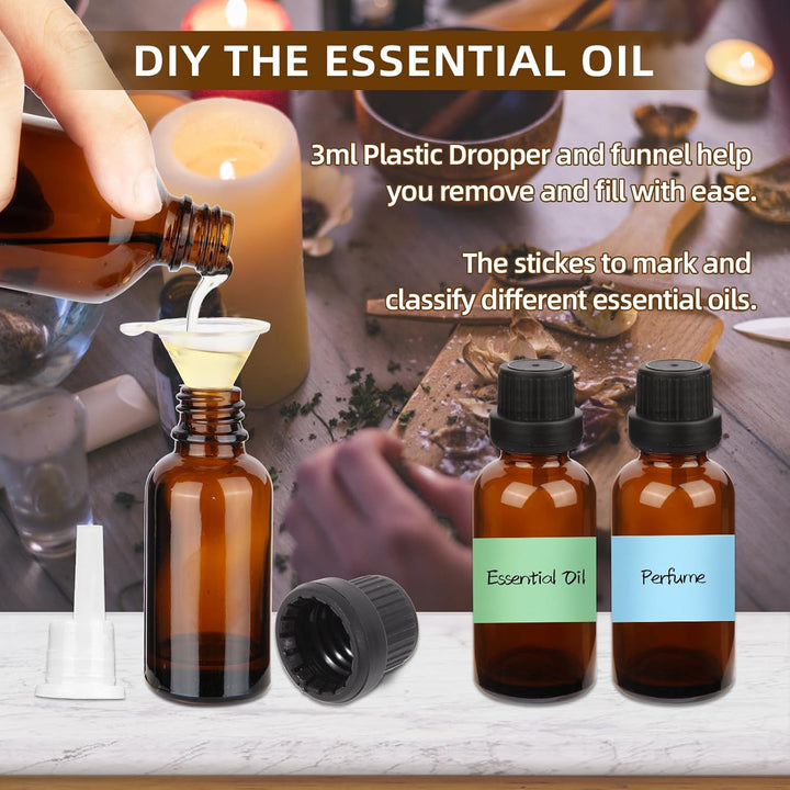 6Pcs 30Ml Amber Glass Essential Oil Bottle with Screw Caps,Empty Refillable Travel Liquid Sample Vial for Perfumes Aromatherapy with Funnel,3Ml Plastic Dropper and 6 Label