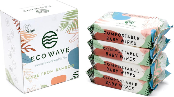 Baby Wipes, 100% Compostable Eco-Friendly Bamboo Wipes, Unscented, Hypoallergenic, Vegan, Alcohol-Free, Suitable for Sensitive Skin (64 Count Pack of 4)