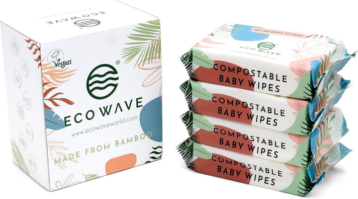 Baby Wipes, 100% Compostable Eco-Friendly Bamboo Wipes, Unscented, Hypoallergenic, Vegan, Alcohol-Free, Suitable for Sensitive Skin (64 Count Pack of 4)