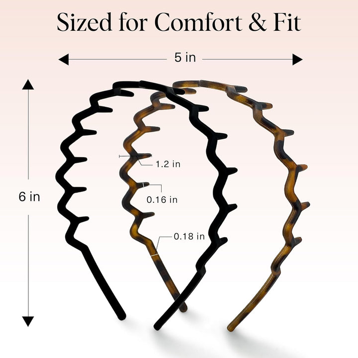 Zig Zag Headbands - Recycled Plastic Hair Band for Men & Women | Classic 90S Hairband | Mens Headband | Wavy Headband with Teeth | Hair Headbands for Women, 2Pc (Black&Tort)