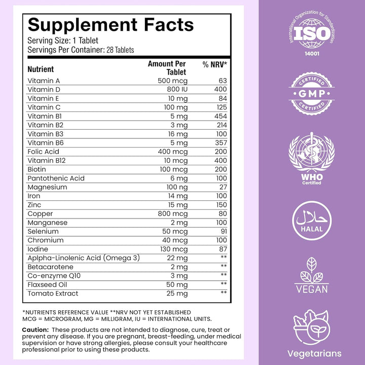 Teen Vitamins for Teenagers Boys and Girls 12-18 Years (1 Month Supply) - 25 Essential Multivitamins Vegetarian Tablets with Iron, Zinc, Folic Acid and Omega 3 - Unflavoured Teen Boy Vitamins