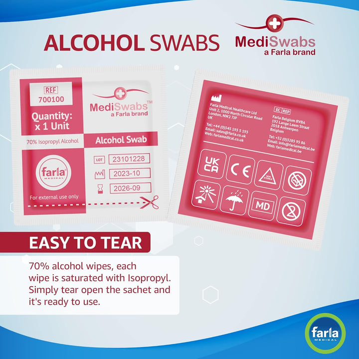 Mediswabs Pre Injection Alcohol Wipes (X100), Antiseptic Wipes with 70% Isopropyl Alcohol Sachets, Individually Wrapped Disposable Wound Cleaning Wipes, First Aid/Medical Use