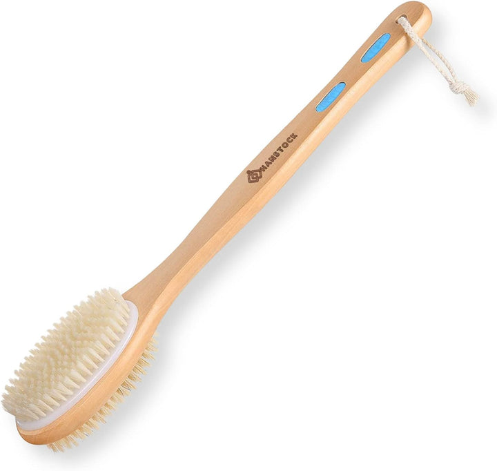 Back Scrubber, 43Cm Long Wooden Double-Sided Shower Body Brush with Soft Bristles for Sensitive Skin and Stiff Bristles for Exfoliating Skin