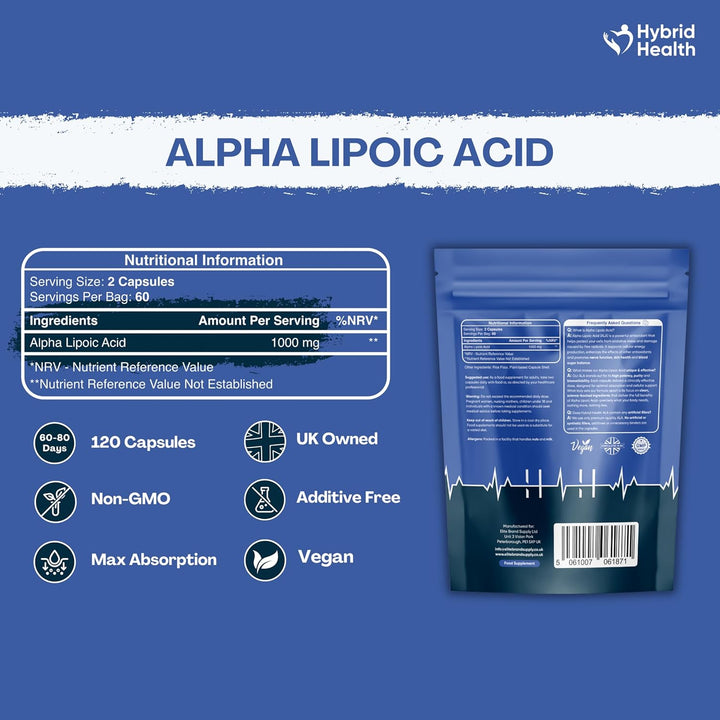 Alpha Lipoic Acid 1000 MG Supplement | 120 High Strength ALA Capsules | Free from Artificial Preservatives | Vegan Non-Gmo | 2 Months Supply