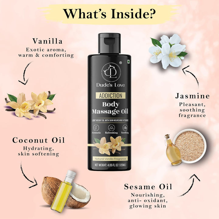 Organic - Vanilla Edible Full Body Massage Oil - No Stain & Non-Sticky | with Fractionated Coconut Oil, Vanilla & Jasmin Oil | for Massage Therapy - 4.05 Fl Oz