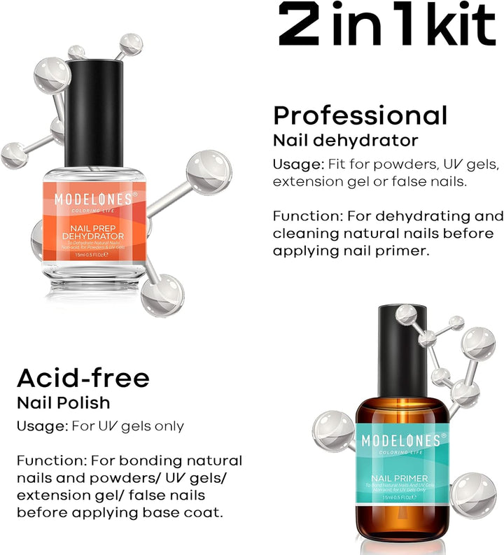 Professional Gel Nail Polish Primer, 2Pcs 15Ml Acid Free Natural Nail Prep Dehydrate, Air Dry Superior Bonding Primer for Acrylic Powder Supplies Set