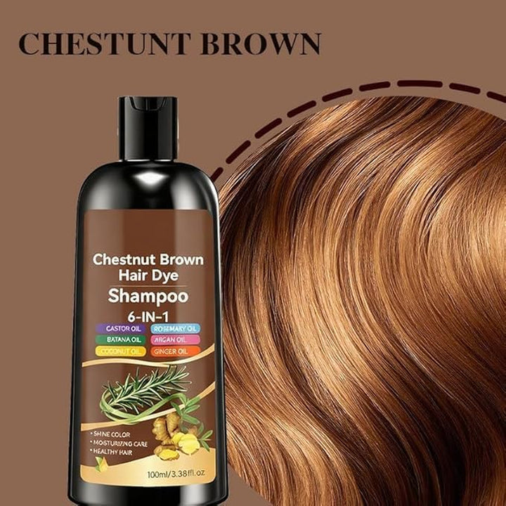 Hair Dye Shampoo, 6 in 1 Natural Herbal Ingredients Hair Colour Shampoo, Grey Hairs Beard Coverage, Non-Irritating & Nourishing, Instant & Easy for Men Women (Chestnut Brown)