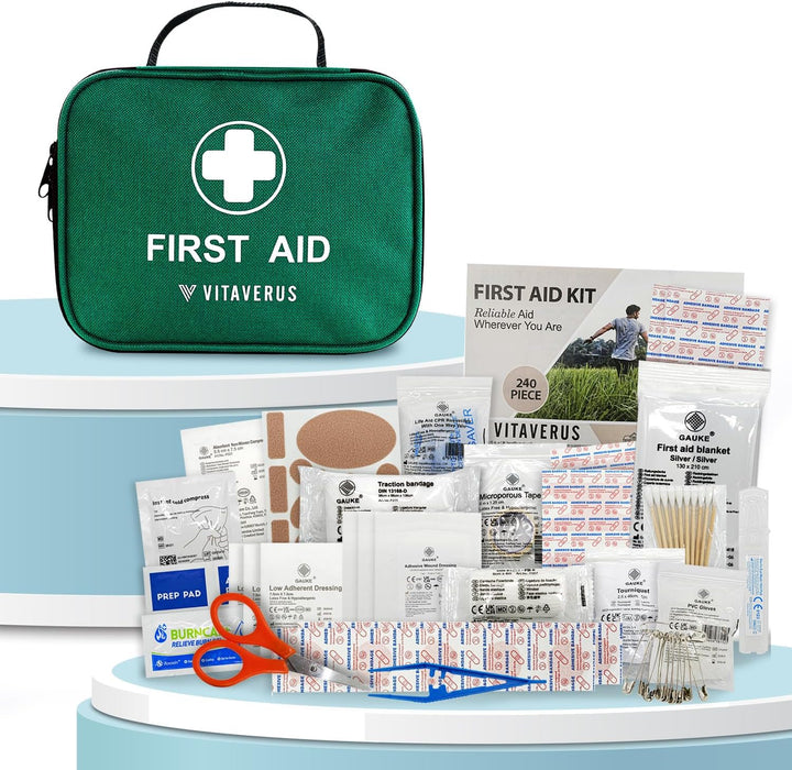 240 Piece Premium First Aid Kit Bag - Includes Eyecare, 2 X Cold (Ice) Packs and Emergency Blanket for Home, Office, Car, Caravan, Workplace, Travel and Sports