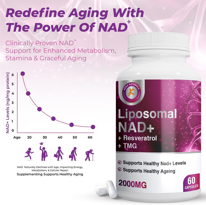 Pure NAD + Trans-Resveratrol + TMG | 2000Mg | 3-In-1 Advanced Formula | NAD Resveratrol TMG Supplement | Boost NAD+ | Immune & Energy Support, Skin & Overall Health | 60 Capsules