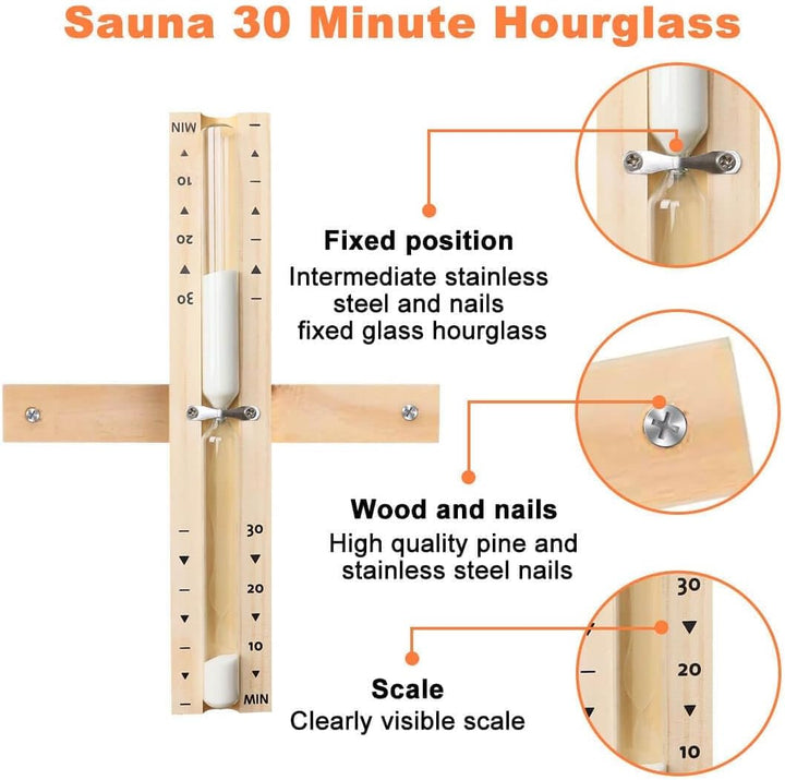 30-Minute Wooden Sauna Hourglass Timer - Rotating Sand Clock with Heat-Resistant Design for Sauna & Spa, Gym, Yoga, Bathroom | Wall-Mountable | Premium Glass & White Sea Sand