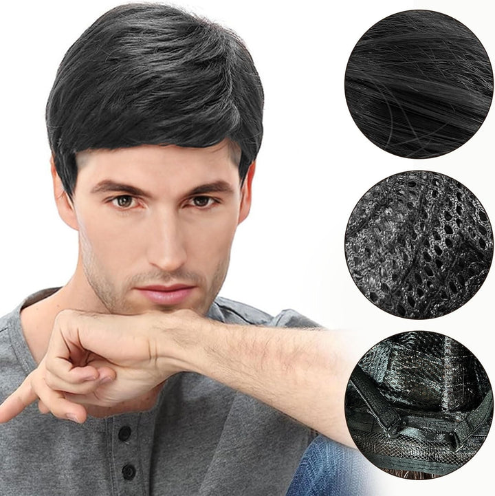 Short Black Men'S Wig - Synthetic Straight Wig for Men - Daily Use & Costume - Handsome Fancy Dress Cosplay Halloween
