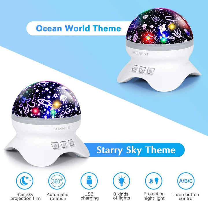 Baby Night Light Kids Projector, Starry Sky Lights Lamp 360 Degree Rotating Space and Ocean Themes with 8 Lighting Modes, Star Projector Gifts for Boys and Girls - White